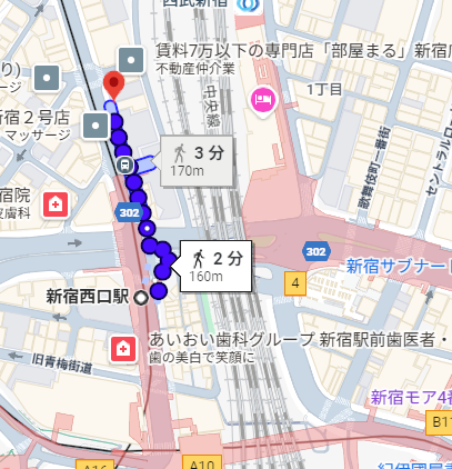都営大江戸線「新宿西口駅」D5出口からthe SILK新宿店へのルート地図